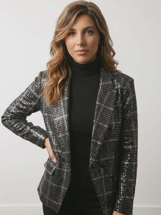 Jackets & Blazers - Sequin Plaid Blazer Jacket - Black